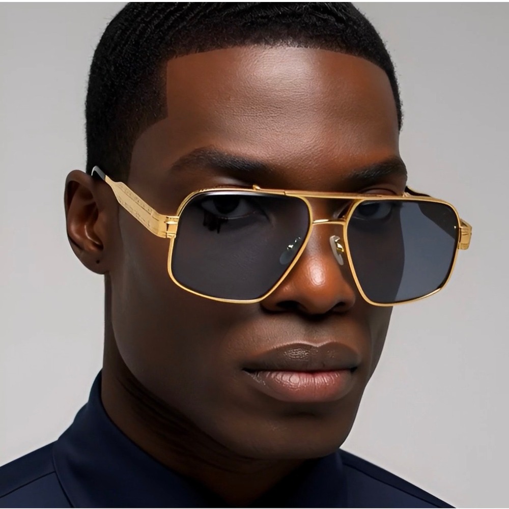 Mens‎ Gold Square Navigator Sunglasses Textured Metal Frame Dark Grey Lens Retro